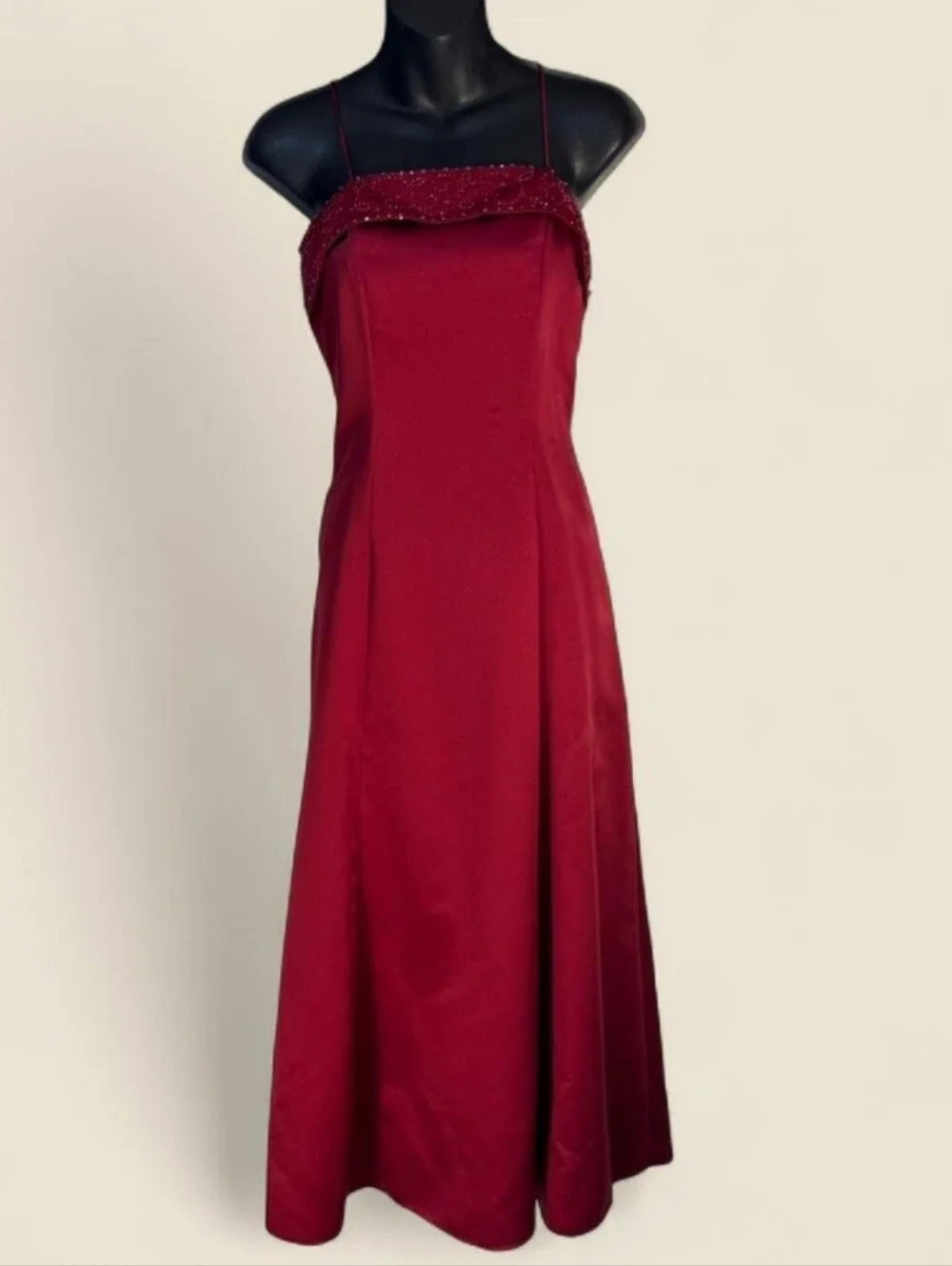 Vintage Ruby Red Satin Prom Dress – Beaded Formal Gown